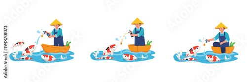 Fisherman feeding koi fish in a boat