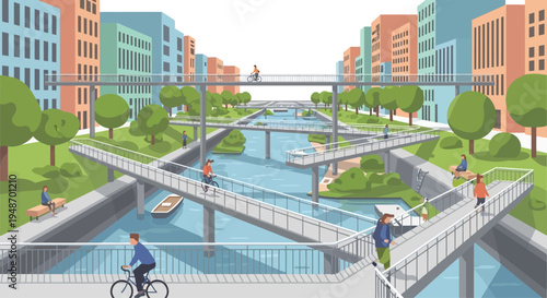 Futuristic Eco-City with Elevated Walkways, Green Spaces, and Waterways