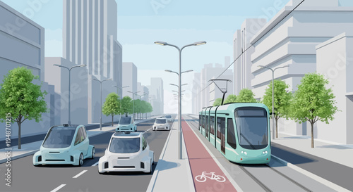 Future city transport: autonomous cars and tram on street, urban mobility concept
