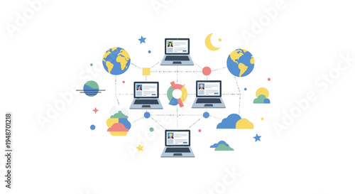 Global Network Connection of Laptops and People, Digital Communication Concept