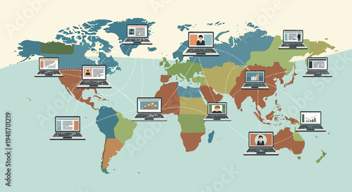 Global Network Connection: Laptops Connected Across World Map