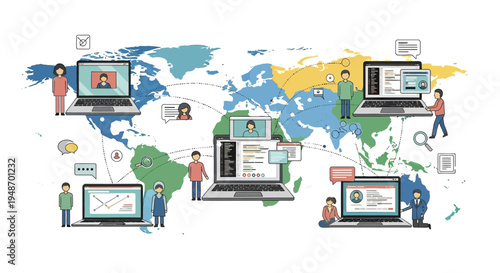 Global Network Connection: People Connecting Online Worldwide via Laptops and Video Calls