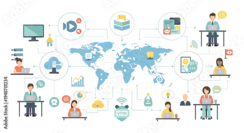 Global Network Connection: People Connecting Worldwide via Digital Technology and VPN