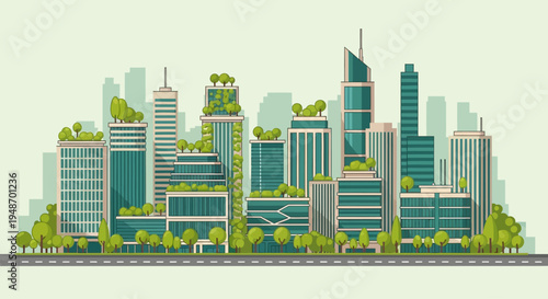 Green City Skyline with Eco-Friendly Buildings and Lush Vegetation