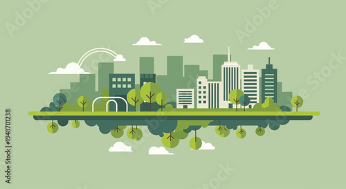 Green Cityscape with Buildings, Trees, and Clouds - Eco-friendly Urban Illustration