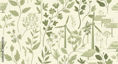 Green energy and nature seamless pattern: wind turbines, solar panels, plants, leaves