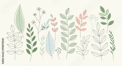 Hand-drawn botanical illustration of leaves and branches in pastel colors on a cream background