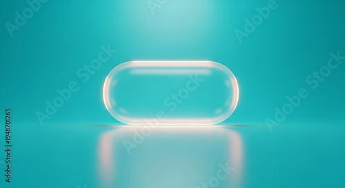 Transparent capsule on reflective surface with teal background clear oval pill