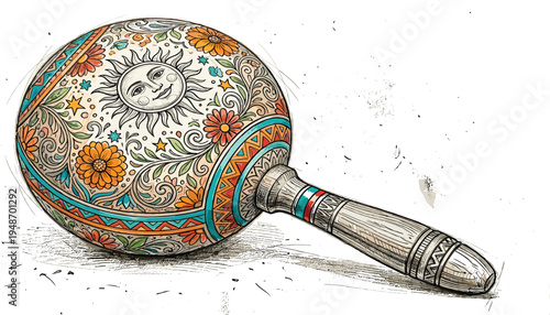 Intricately Designed Maraca Illustration Featuring a Whimsical Sun Face and Vibrant Floral Patterns, a Hand-Drawn Musical Shaker with Cultural Motifs