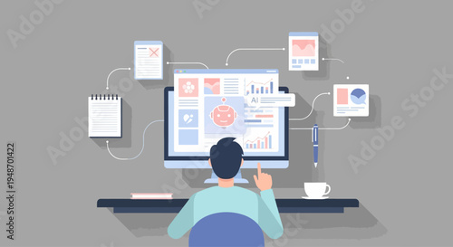Person interacting with AI interface on computer, data analysis and workflow visualization