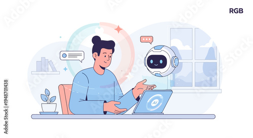 Person interacting with AI chatbot on laptop, remote work, online communication, technology concept