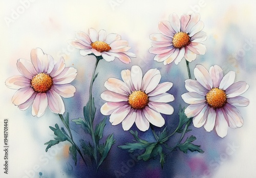 delicate watercolor daisies with soft pink-tinted petals, golden centers and green foliage conveying gentle serenity