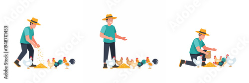 Farmer feeding chickens on a farm with transparent background