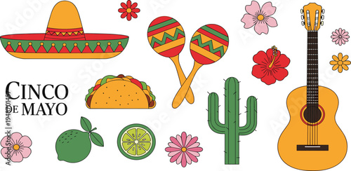 Vibrant collection of traditional Mexican holiday elements and festive symbols, including a sombrero, maracas, and taco, perfect for celebrating cultural events and lively designs