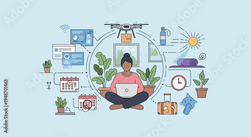 Remote Work Lifestyle: Woman with Laptop, Drone Delivery, Fitness, and Calendar Organization