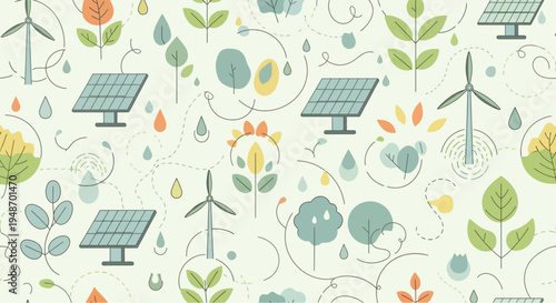 Renewable energy and nature seamless pattern: solar panels, wind turbines, plants, and rain drops