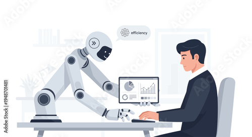 Robot assisting businessman with data analysis on laptop, efficiency concept