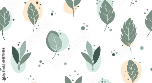 Seamless Pattern of Delicate Green Leaves and Abstract Shapes on White Background