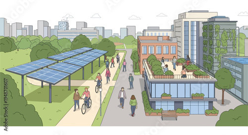 Sustainable city park with solar panels, green buildings, and people enjoying outdoor activities.