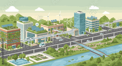 Sustainable city skyline with green buildings, renewable energy, and eco-friendly transport