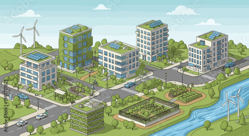 Sustainable Cityscape with Green Buildings, Solar Panels, and Wind Turbines