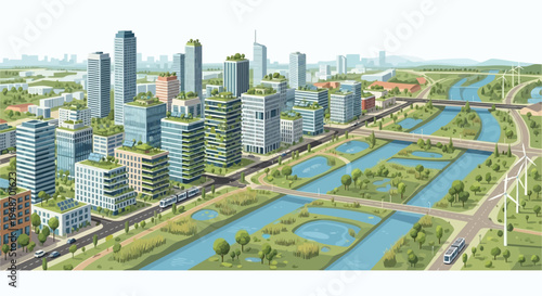 Sustainable city skyline with green buildings, canals, and wind turbines