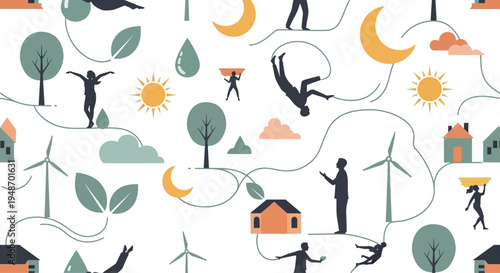 Sustainable living concept: wind turbines, solar energy, nature, and people in a vibrant community