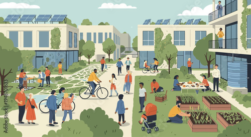 Sustainable community living: people gardening, cycling, and relaxing in eco-friendly neighborhood