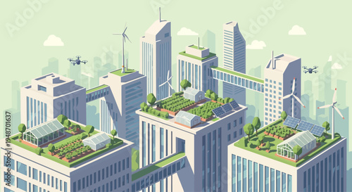Sustainable Cityscape with Rooftop Gardens, Wind Turbines, and Drones