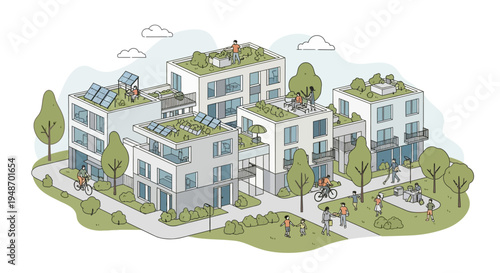 Sustainable urban living with green roofs, solar panels, and eco-friendly transport