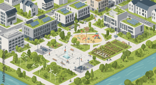 Sustainable urban neighborhood with green buildings, solar panels, community garden, and park