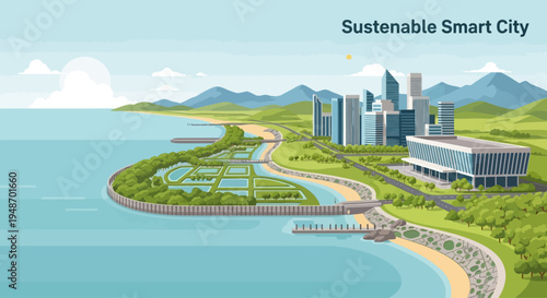 Sustainable Smart City with Green Energy and Modern Architecture by the Sea