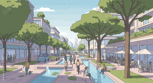 Sustainable urban street with green spaces, water features, and pedestrian-friendly design