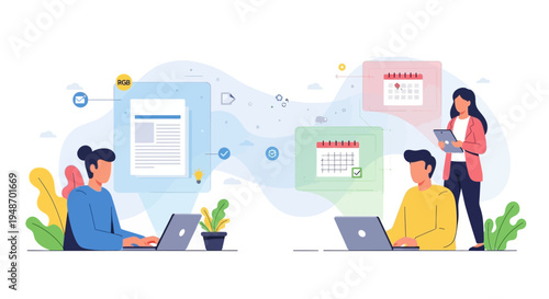 Teamwork and Collaboration: People working on laptops with calendars and documents, illustrating project management and planning.