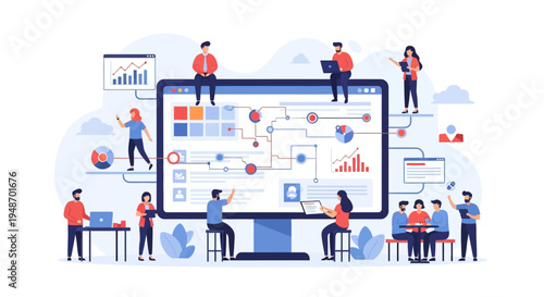 Teamwork and data analysis on a large computer screen, business analytics concept
