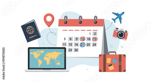 Travel Planning Calendar Laptop Passport Suitcase Camera Airplane Map