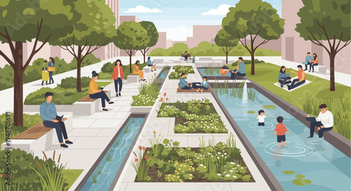 Urban Oasis: Modern Park with Water Features, Greenery, and People Relaxing