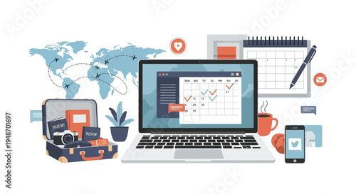 Travel planning online with laptop, calendar, and world map