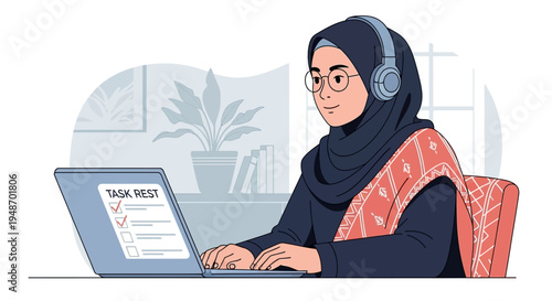 Young Muslim woman wearing hijab and headphones working on laptop, task list on screen