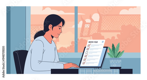 Young woman working on laptop, resume on screen, home office, remote work, productivity