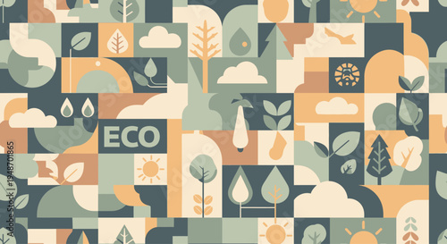 Eco friendly abstract pattern with nature elements, sun, clouds, trees, leaves, water drops