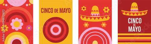 Festive Cinco de Mayo illustrations featuring traditional Mexican sombrero hats, rainbows, and floral elements in a vibrant color palette for celebration