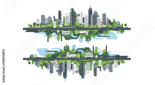 Eco-friendly city skyline reflected in water, sustainable urban landscape