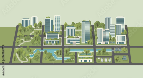 Eco-friendly city skyline with green buildings, parks, and sustainable urban development