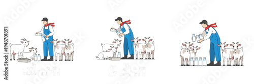 Farmer feeding goats with milk bottles in a farm