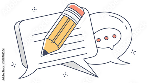 Pencil Writing in Chat Bubble Messenger App Icon,  A vector illustration showing a yellow pencil with a pink eraser writing lines inside a large speech bubble. A second, smaller chat bubble with three