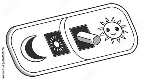 Sliding Day Night Mode Switch Toggle Button Icon,  black and white vector illustration of a sliding control panel. A lever moves between a crescent moon symbol (left, dark mode) and a smiling, 
