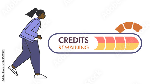 Running Woman Credits Remaining Bar Usage Indicator,  A vector illustration depicting a Black woman with a ponytail in a dynamic running pose, moving towards a digital dashboard element. This element 