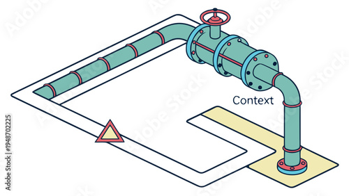 Technical Illustration of Industrial Pipeline Valve System with Warning Symbol, Vector illustration of a teal industrial pipeline system connected to a central valve with a red handwheel, resting
