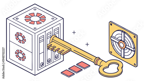 Golden Key Accessing Server Data Rack Isometric Icon, Vector illustration showing a large, detailed golden key inserted into the front of a server rack cabinet. The cabinet has multiple trays 